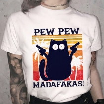 Rolig kortärmad T-shirt med svart katttryck