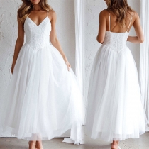 Elegant spetsbesmyckad Tutu Chiffong V-ringad rygglös festklänning