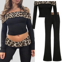 Leopardmönstrat tvådelat set med off-shoulder skjorta och utsvängda byxor