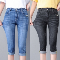 Mode med hög midja 7/8-längd Stretchy Skinny Gamla tvättade jeans