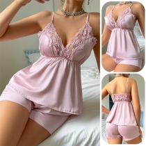 Fashiona tvådelat Satin Loungewear Set med spetskombinerad nattskjorta och nattshorts