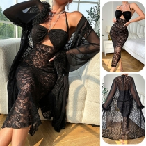 Sexig spets nattkläder set inkluderar bodycon klänning och dräkt