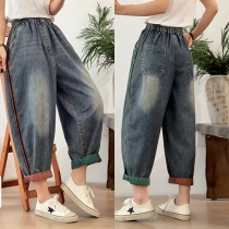 Elastiska Denim Haremsbyxor med Snörning
