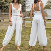 Sexig spetsskarvad självbindande V-ringad rygglös vid jumpsuit