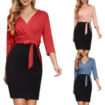 Elegant kontrastfärgad V-ringad knälång Bodycon-klänning med självknutna ärmar