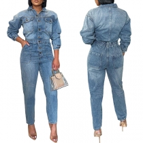 Street Mode Stativkrage Patchfickor Knäppning fram Resårmidja Vintage tvättad denim Overall