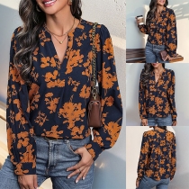 Modern stil med blommig V-ringad långärmad skjorta