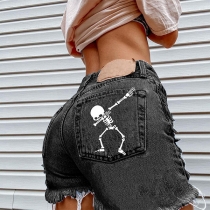 Ripped Skull Print Casual Trim Jean Shorts