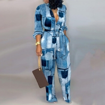 Abstrakt Faux Denim Overall: Tryckt Helkroppsdräkt