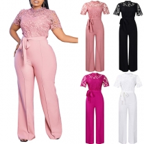 Mode spets detaljerad kortärmad självknytande jumpsuit med vida ben