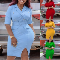 Elegant enfärgad Dubbelknäppt Notch Krage Slits Bodycon Klänning med Bälte