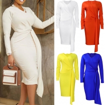 Mode enfärgad V-ringad långärmad Bodycon-wrap klänning