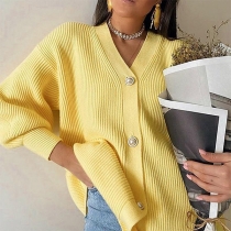 Klassisk enfärgad V-ringad långärmad stickad cardigan