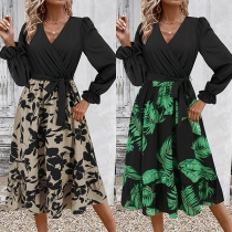 Modisch Kontrastfarbige Blumendruck V-Ausschnitt Langärmlig Selbstbindende Mini Kleid