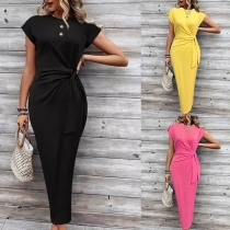 Elegant enfärgad Crew Neck Cap ärm Rynkad Bodycon Klänning