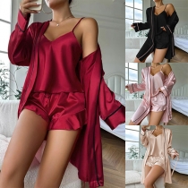 Mode Enfärgad Tredelad Lounge-set Bestående av Cami Top, Shorts och Morgonrock