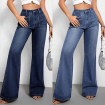 Mode Lappfickor Höghus blekta raka jeans