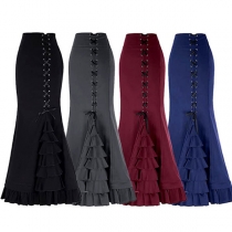 Vintage Rynkad Fishtail Maxikjol med Snörning för Halloween Cosplay