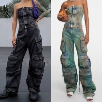 Street Style Axelbandslös Denim Jumpsuit med Flera Fickor
