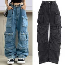 Streetwear Mode Flermfickor Löst sittande vintage tvättade jeans