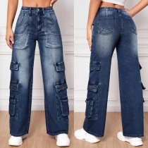 Högmidjade jeans med raka ben, sidofickor och gammal tvätt
