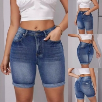 Moder Midja Rullfåll Vintagetvättade Skinny Jeansshorts