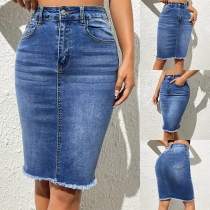 Stil Fränsade fållen Gamla tvättad denim pennkjol