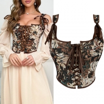 Mode blommig jacquard snörning Crop korsettlinne