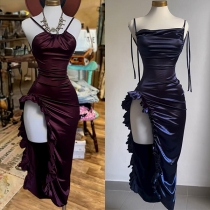 Sexig fyrkantig Halterneck Ruched Sidopslits Volang Bodycon Klänning