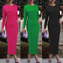 Enfärgad Mode Crew Neck långärmad Ruched Bodycon Maxiklänning