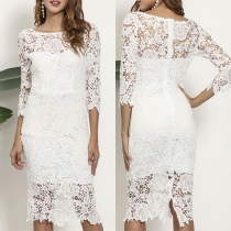 Elegant Rundhalsad Långärmad Bodycon Spetsklänning med Slits i Ryggen