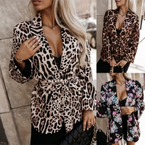 Leopardmönstrad/blommig långärmad jacka med knyt i midjan
