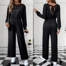 Avslappnad Rundhalsad Långärmad Omlott Baklös Rak Skuren Jumpsuit