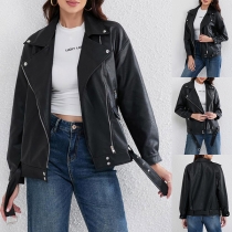 Trendiga Street Mode Notch Lapel Långärmad Sned Dragkedja PU-läderjacka