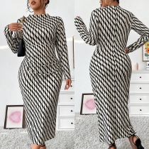 Modetryckt Rundhalsad Långärmad Bodycon Plus Storlek Klänning