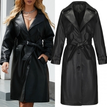 Mode Notch Lapel Långärmad konstläder PU Longline Jacka med bälte för knytning