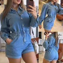 Street Fashion Uppstående Krage Långärmad Elastisk Midja Tvättad Jeansbyxa