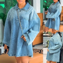 Långärmad casual miniklänning i denim med halv dragkedja och ståkrage
