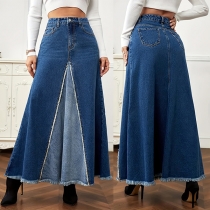 Elegant höghus kjol, sliten nederkant Utsvängd A-linje jeansmaxi med paneldesign