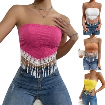 Crop Top Strapless con Orlo a Balze e Jacquard Floreale alla Moda