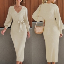 Elegant V-ringad Lanternärm Självknuten Stickad Klänning