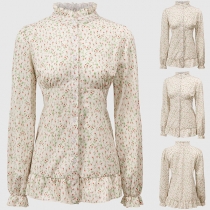 Vintage blommig mönstrad volang Mock Neck långärmad blus