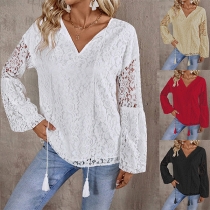 Elegant topp V-ringad långärmad Jacquard spetsblus