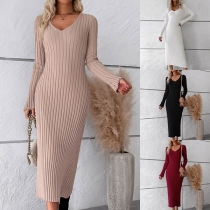 Elegant enfärgad V-ringad långärmad Bodycon Stickad Klänning