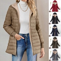 Quiltad mode huvjacka med plyschfoder och långa ärmar