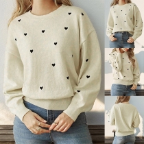 Söt stil hjärtmönster crewneck långärmad tröja