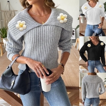 Modern Lapel Blommig Virkad Långärmad Stickad Tröja