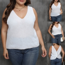 Ärmlös Plus-size ribbad topp med V-ringning och knuten rygg