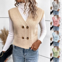 Ärmlös dubbelknäppt V-ringad stickad cardigan