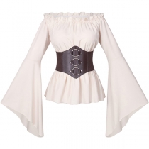 Vintage plisserad off-shoulder trumpet långärmad blus med O-ring konstläder PU-bälte